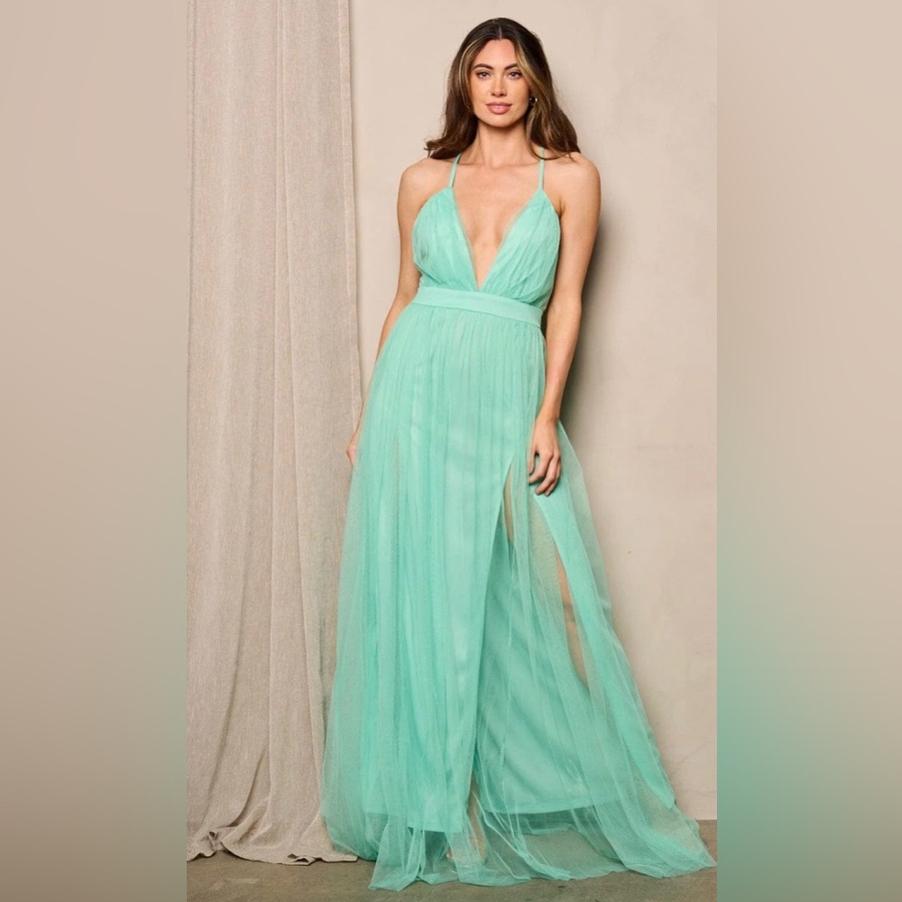 Mint Green Backless Maxi Gown – Sleeveless Plunge Dress Boutique